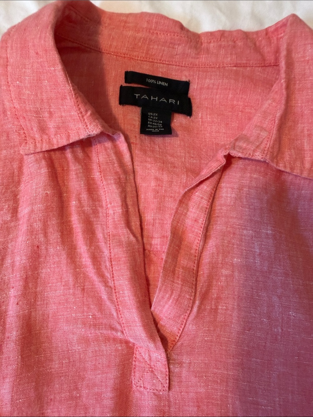 Tahari Coral/ Pink V-Neck Linen Blouse size 2x like new - Picture 6 of 8
